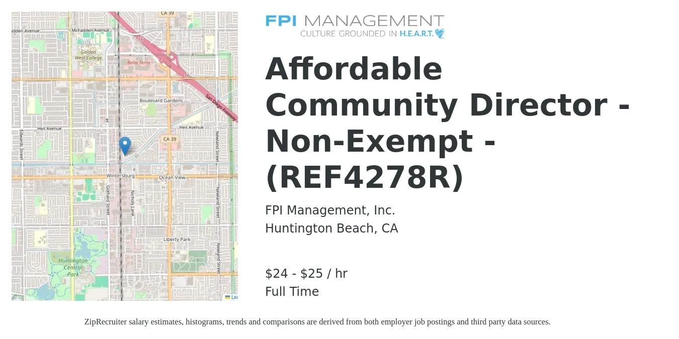 FPI Management, Inc. job posting for a Affordable Community Director - Non-Exempt - (REF4278R) in Huntington Beach, CA with a salary of $25 to $27 Hourly with a map of Huntington Beach location.