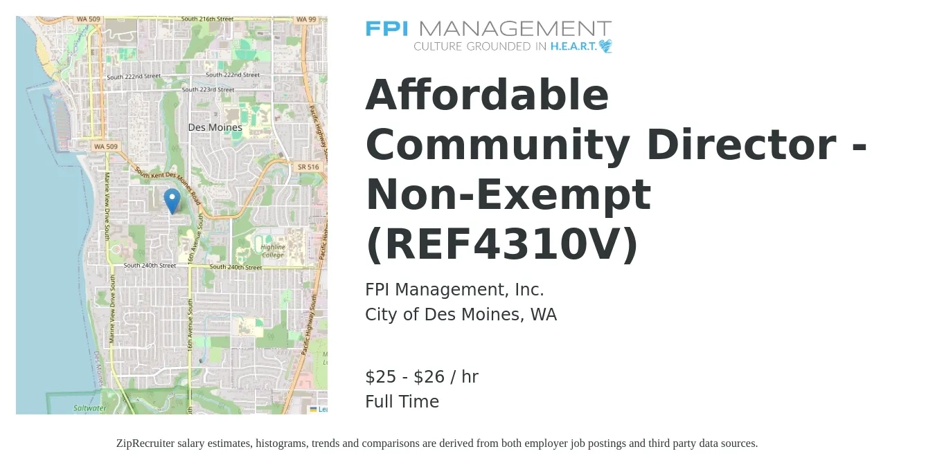 FPI Management, Inc. job posting for a Affordable Community Director - Non-Exempt (REF4310V) in City of Des Moines, WA with a salary of $27 to $28 Hourly with a map of City of Des Moines location.
