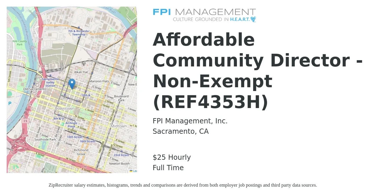 FPI Management, Inc. job posting for a Affordable Community Director - Non-Exempt (REF4353H) in Sacramento, CA with a salary of $27 Hourly with a map of Sacramento location.