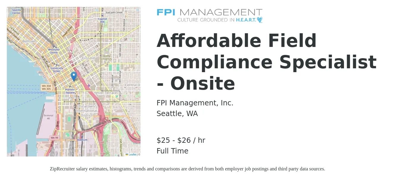 FPI Management, Inc. job posting for a Affordable Field Compliance Specialist - Onsite in Seattle, WA with a salary of $27 to $28 Hourly with a map of Seattle location.