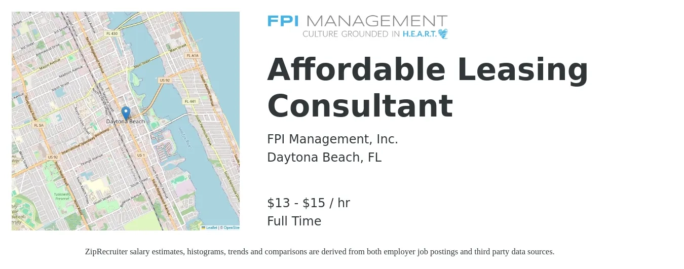 FPI Management, Inc. job posting for a Affordable Leasing Consultant in Daytona Beach, FL with a salary of $14 to $16 Hourly with a map of Daytona Beach location.