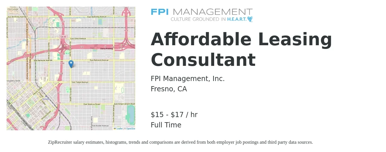 FPI Management, Inc. job posting for a Affordable Leasing Consultant in Fresno, CA with a salary of $16 to $18 Hourly with a map of Fresno location.