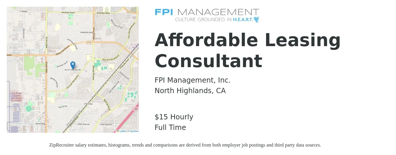 FPI Management, Inc. job posting for a Affordable Leasing Consultant in North Highlands, CA with a salary of $16 Hourly with a map of North Highlands location.