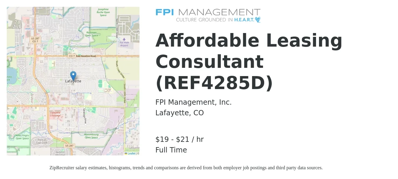 FPI Management, Inc. job posting for a Affordable Leasing Consultant (REF4285D) in Lafayette, CO with a salary of $20 to $22 Hourly with a map of Lafayette location.
