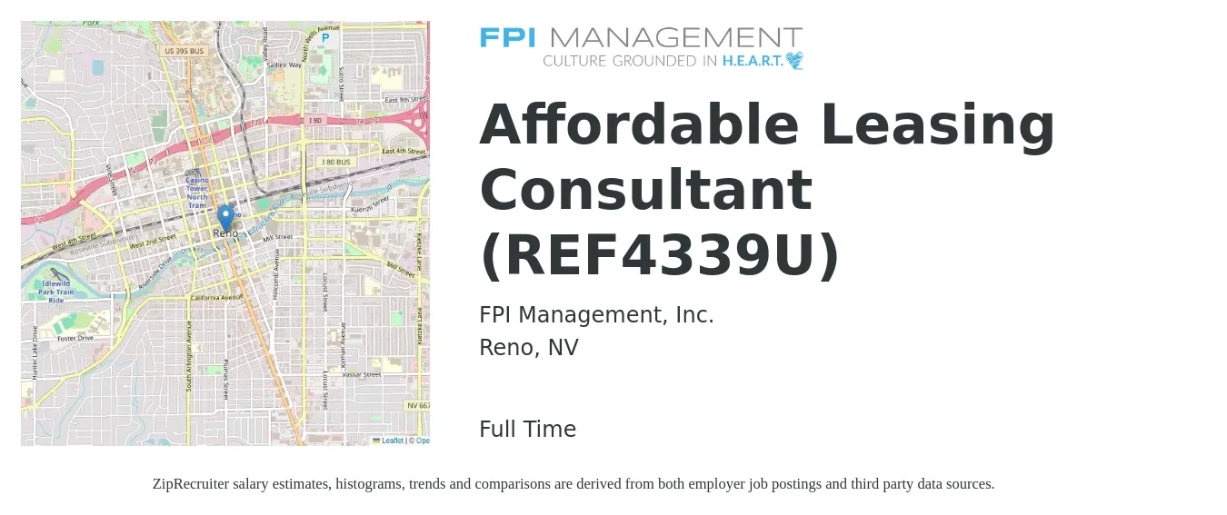 FPI Management, Inc. job posting for a Affordable Leasing Consultant (REF4339U) in Reno, NV with a salary of $16 to $17 Hourly with a map of Reno location.