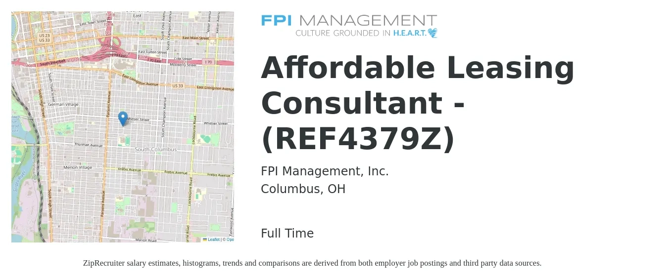 FPI Management, Inc. job posting for a Affordable Leasing Consultant - (REF4379Z) in Columbus, OH with a salary of $15 to $18 Hourly with a map of Columbus location.