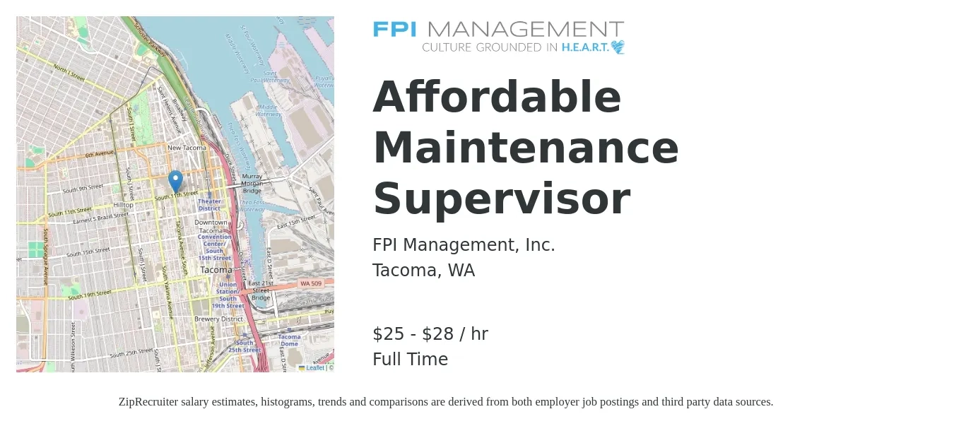 FPI Management, Inc. job posting for a Affordable Maintenance Supervisor in Tacoma, WA with a salary of $27 to $30 Hourly with a map of Tacoma location.