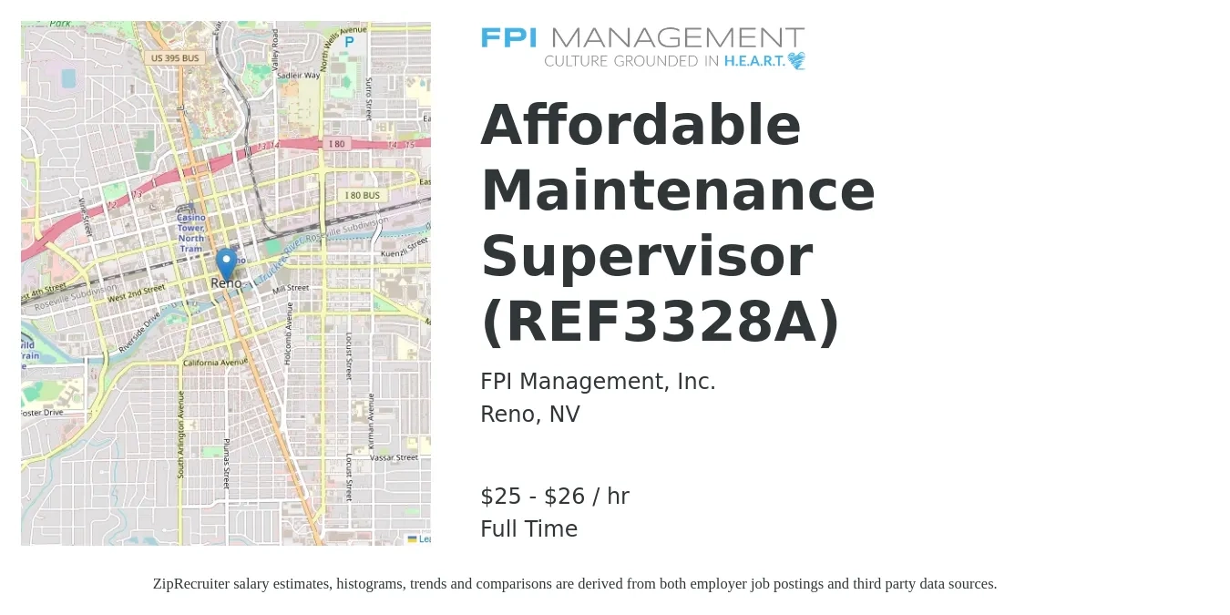 FPI Management, Inc. job posting for a Affordable Maintenance Supervisor (REF3328A) in Reno, NV with a salary of $26 to $28 Hourly with a map of Reno location.