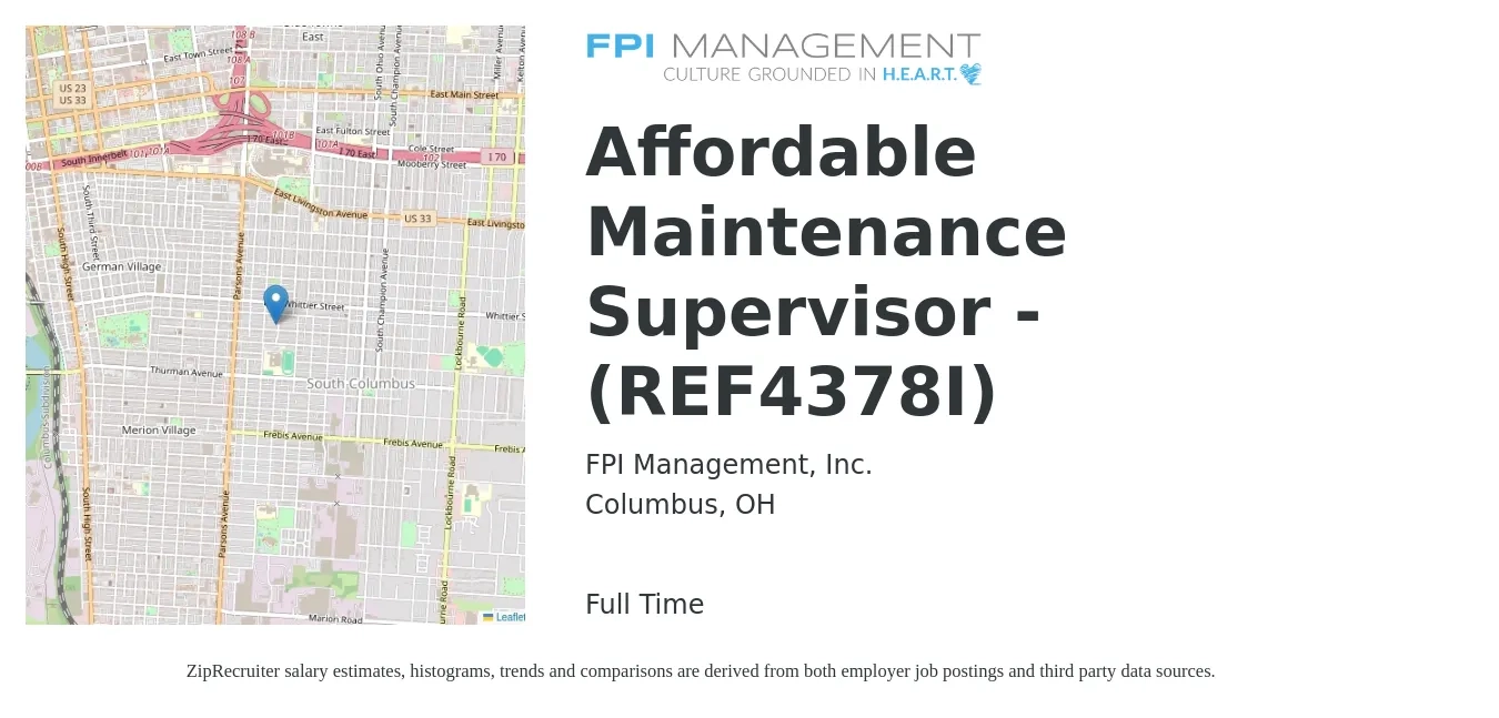 FPI Management, Inc. job posting for a Affordable Maintenance Supervisor - (REF4378I) in Columbus, OH with a salary of $28 to $32 Hourly with a map of Columbus location.