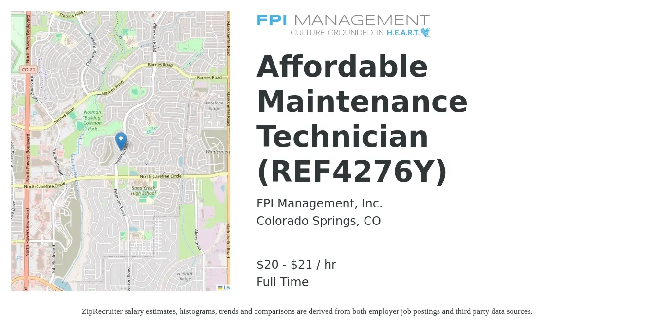 FPI Management, Inc. job posting for a Affordable Maintenance Technician (REF4276Y) in Colorado Springs, CO with a salary of $21 to $22 Hourly with a map of Colorado Springs location.