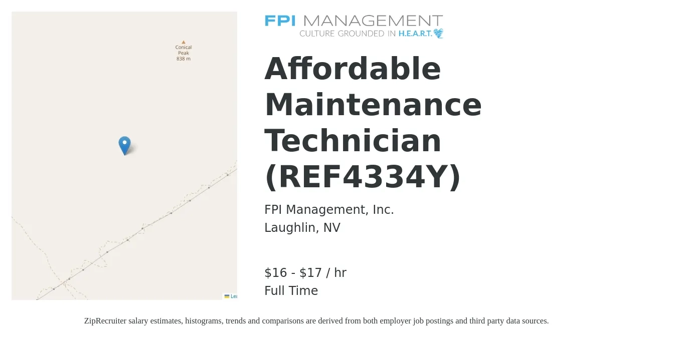 FPI Management, Inc. job posting for a Affordable Maintenance Technician (REF4334Y) in Laughlin, NV with a salary of $17 to $18 Hourly with a map of Laughlin location.