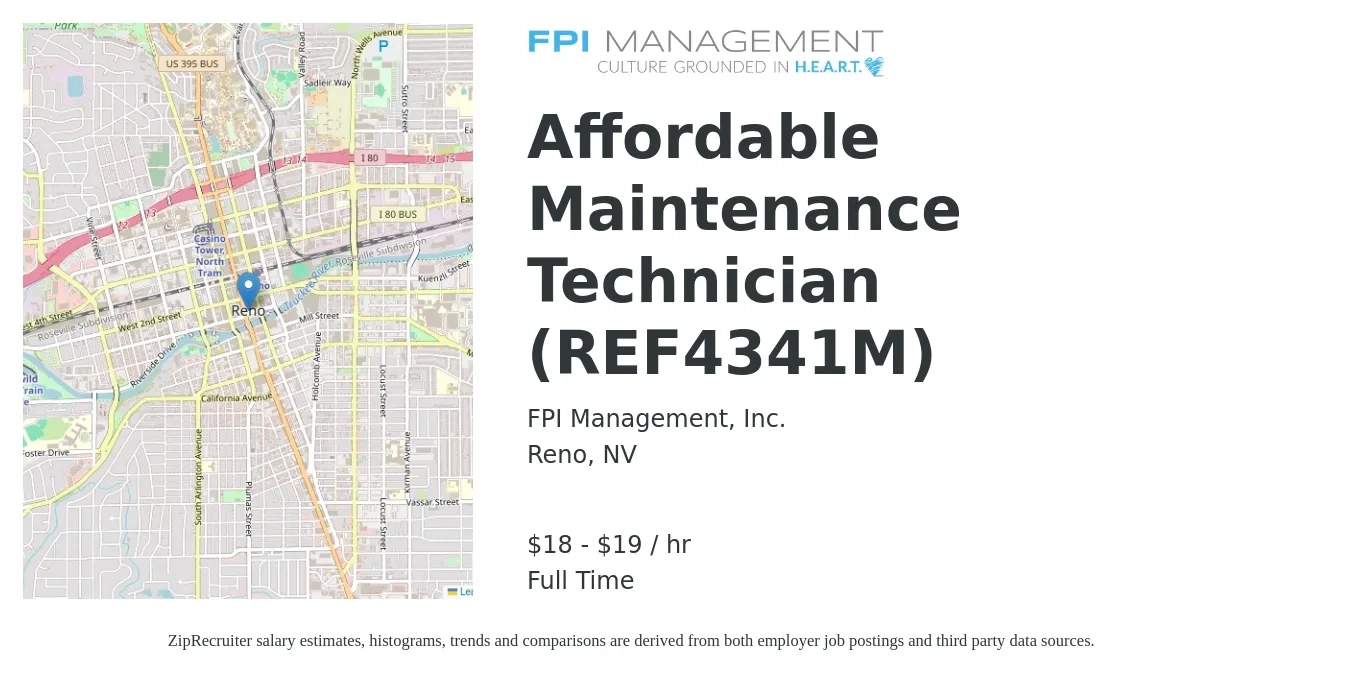 FPI Management, Inc. job posting for a Affordable Maintenance Technician (REF4341M) in Reno, NV with a salary of $19 to $20 Hourly with a map of Reno location.