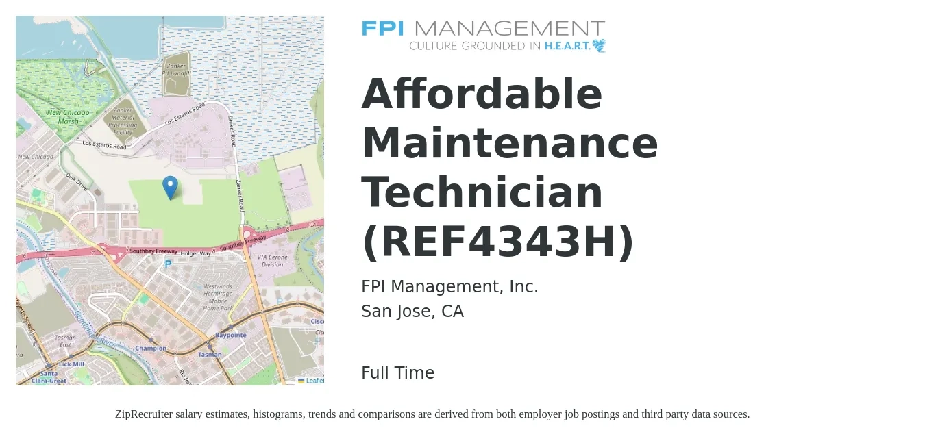 FPI Management, Inc. job posting for a Affordable Maintenance Technician (REF4343H) in San Jose, CA with a salary of $23 to $24 Hourly with a map of San Jose location.
