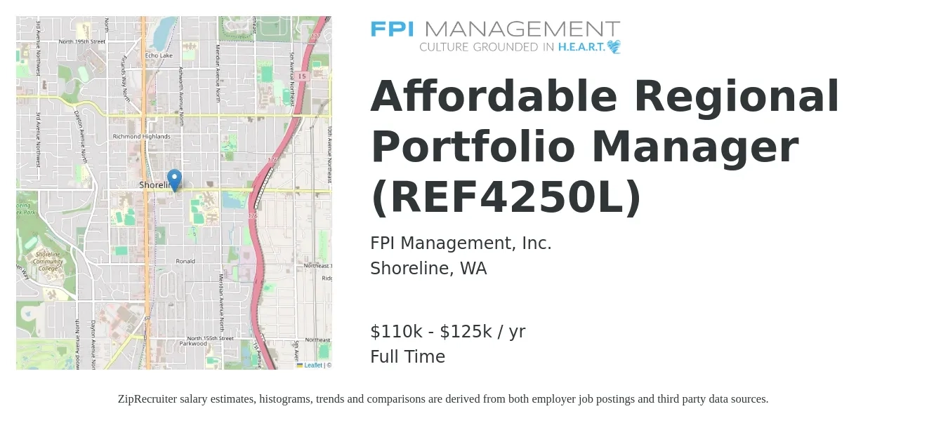 FPI Management, Inc. job posting for a Affordable Regional Portfolio Manager (REF4250L) in Shoreline, WA with a salary of $110,000 to $125,000 Yearly with a map of Shoreline location.