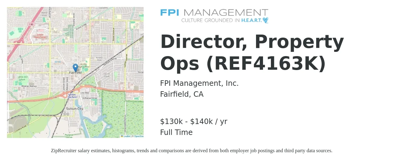 FPI Management, Inc. job posting for a Director, Property Ops (REF4163K) in Fairfield, CA with a salary of $130,000 to $140,000 Yearly with a map of Fairfield location.