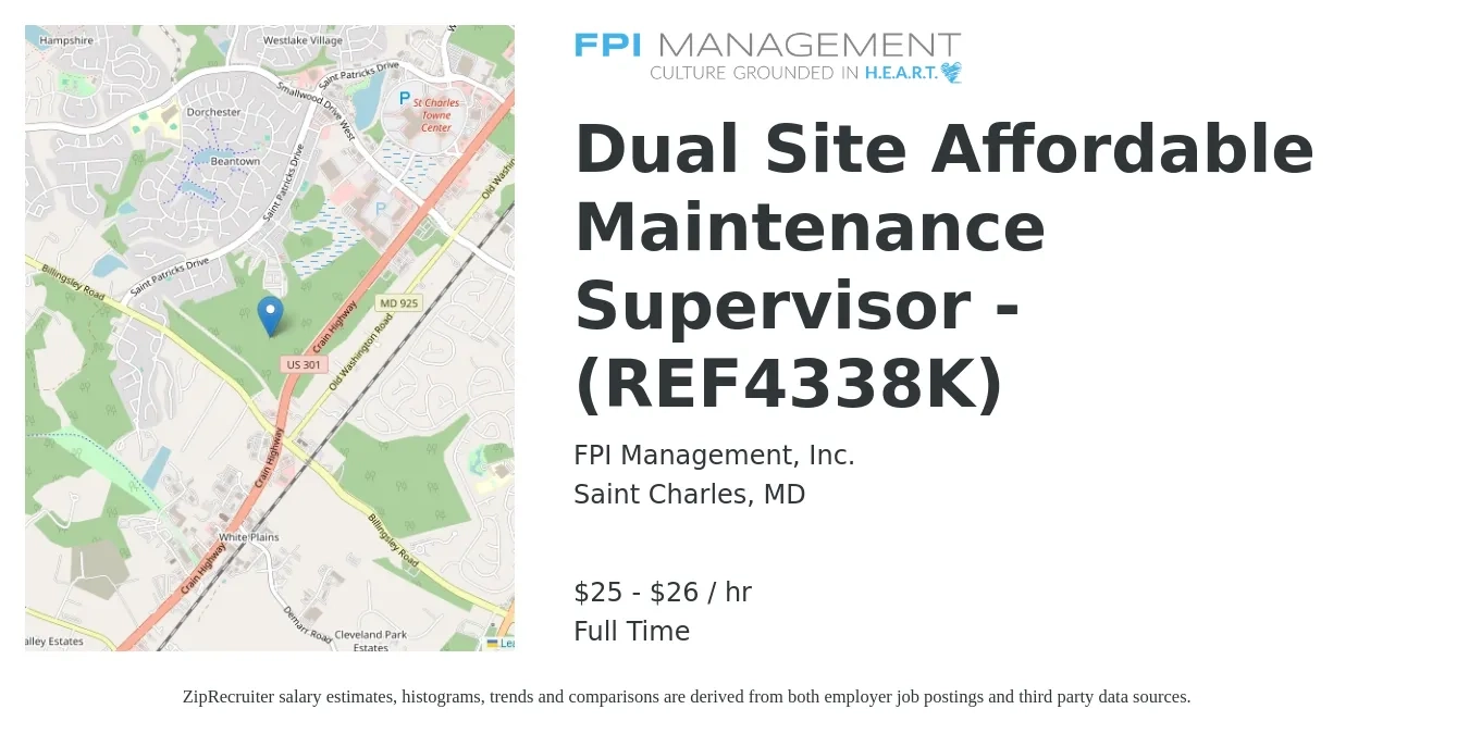 FPI Management, Inc. job posting for a Dual Site Affordable Maintenance Supervisor - (REF4338K) in Saint Charles, MD with a salary of $26 to $28 Hourly with a map of Saint Charles location.