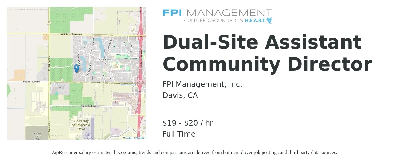 FPI Management, Inc. job posting for a Dual-Site Assistant Community Director in Davis, CA with a salary of $20 to $21 Hourly with a map of Davis location.