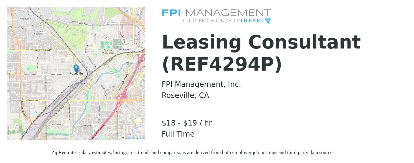 FPI Management, Inc. job posting for a Leasing Consultant (REF4294P) in Roseville, CA with a salary of $19 to $20 Hourly with a map of Roseville location.
