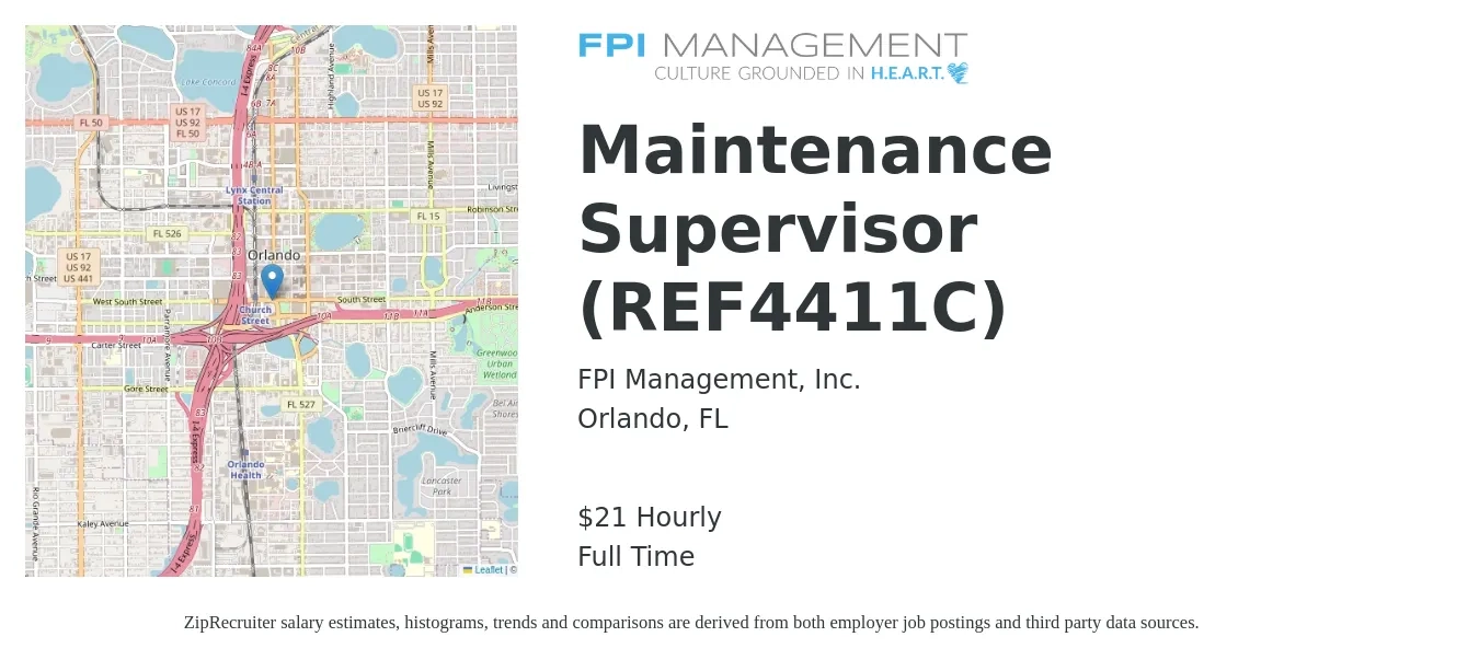 FPI Management, Inc. job posting for a Maintenance Supervisor (REF4411C) in Orlando, FL with a salary of $22 Hourly with a map of Orlando location.