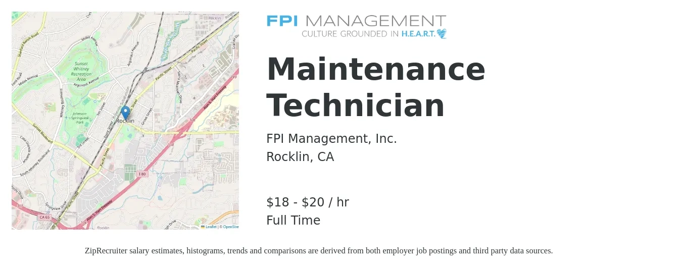 FPI Management, Inc. job posting for a Maintenance Technician in Rocklin, CA with a salary of $19 to $21 Hourly with a map of Rocklin location.