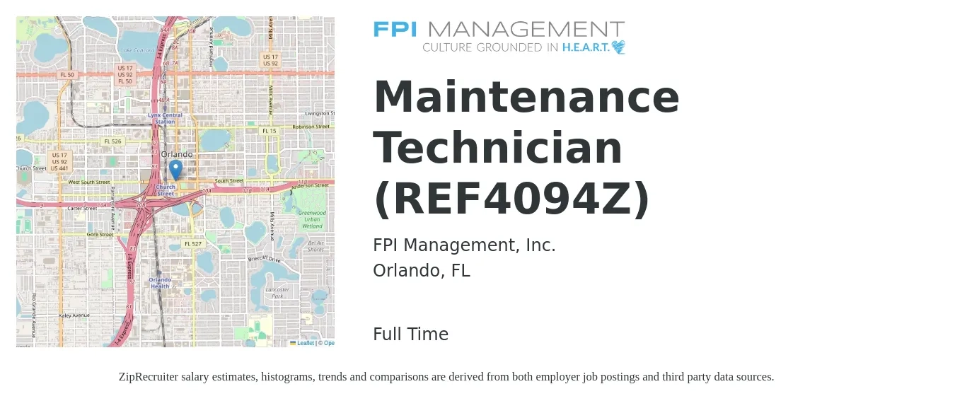 FPI Management, Inc. job posting for a Maintenance Technician (REF4094Z) in Orlando, FL with a salary of $19 Hourly with a map of Orlando location.