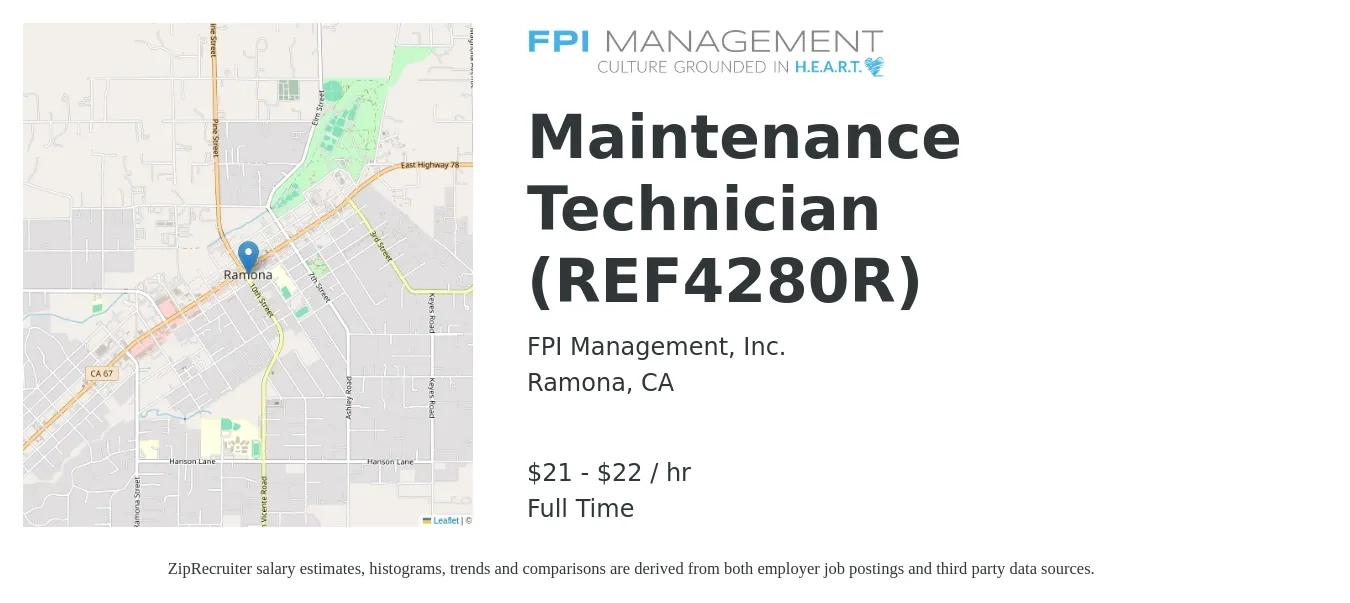 FPI Management, Inc. job posting for a Maintenance Technician (REF4280R) in Ramona, CA with a salary of $22 to $23 Hourly with a map of Ramona location.