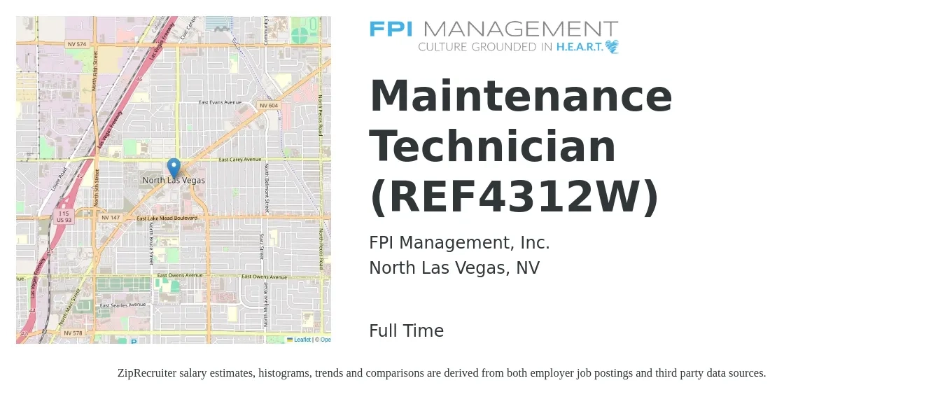 FPI Management, Inc. job posting for a Maintenance Technician (REF4312W) in North Las Vegas, NV with a salary of $18 to $26 Hourly with a map of North Las Vegas location.