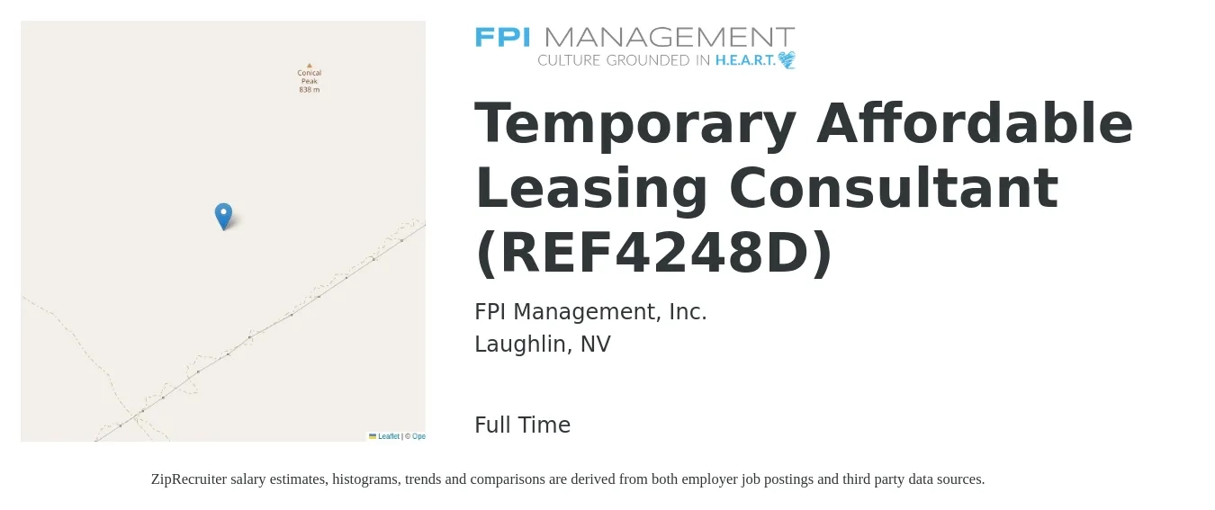 FPI Management, Inc. job posting for a Temporary Affordable Leasing Consultant (REF4248D) in Laughlin, NV with a salary of $16 to $18 Hourly with a map of Laughlin location.