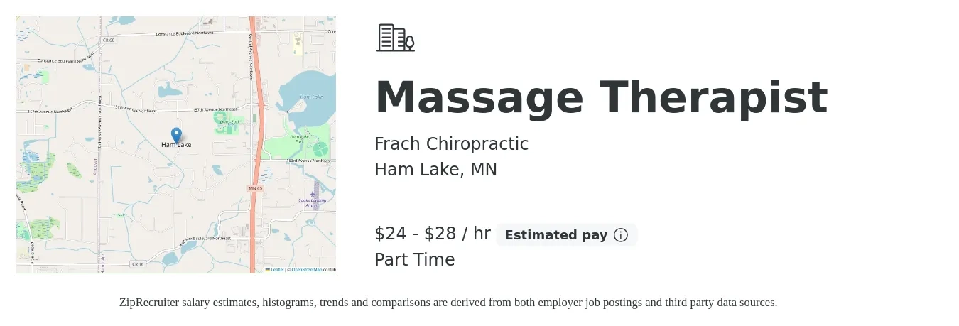 Frach Chiropractic job posting for a Massage Therapist in Ham Lake, MN with a salary of $25 to $30 Hourly with a map of Ham Lake location.