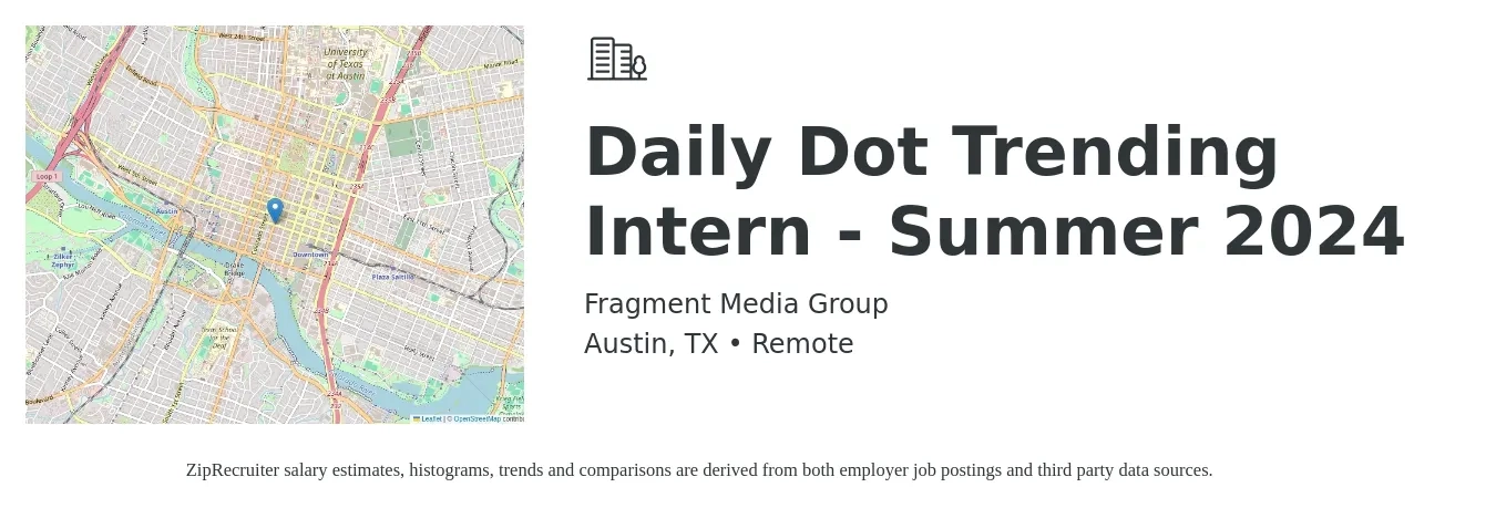 Fragment Media Group job posting for a Daily Dot Trending Intern - Summer 2024 in Austin, TX with a salary of $20 Hourly with a map of Austin location.