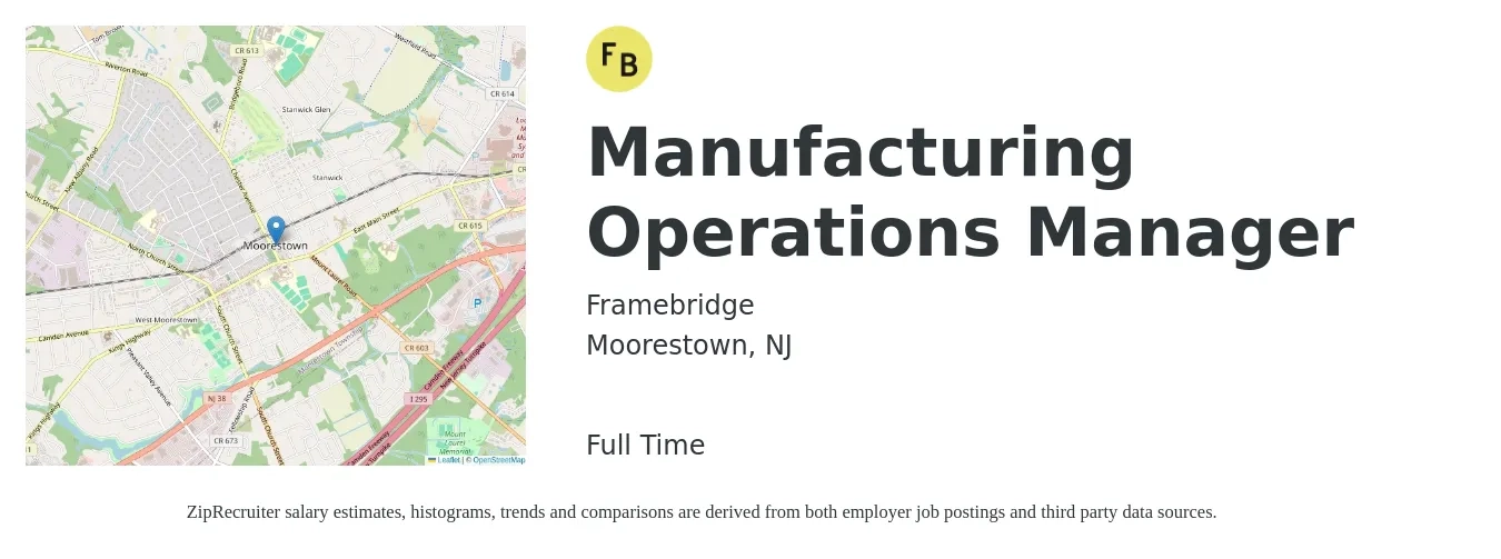 Framebridge job posting for a Manufacturing Operations Manager in Moorestown, NJ with a salary of $77,400 to $126,700 Yearly with a map of Moorestown location.