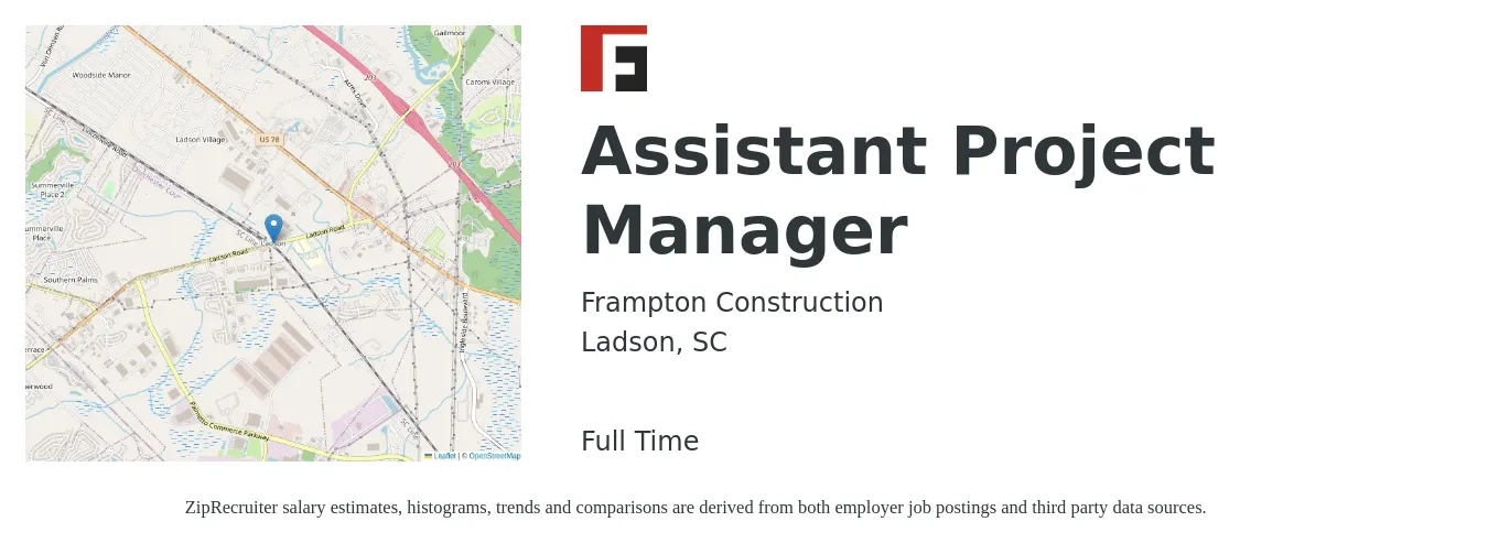 Frampton Construction job posting for a Assistant Project Manager in Ladson, SC with a salary of $52,300 to $86,000 Yearly with a map of Ladson location.