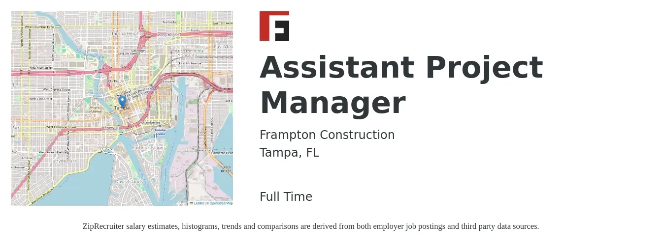 Frampton Construction job posting for a Assistant Project Manager in Tampa, FL with a salary of $50,600 to $83,200 Yearly with a map of Tampa location.