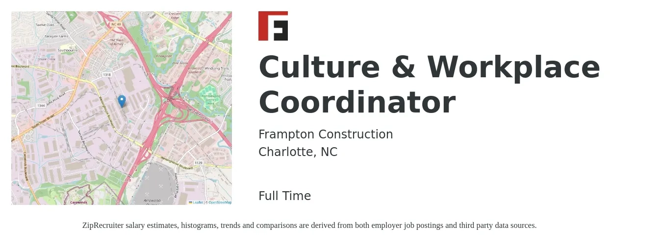 Frampton Construction job posting for a Culture & Workplace Coordinator in Charlotte, NC with a map of Charlotte location.
