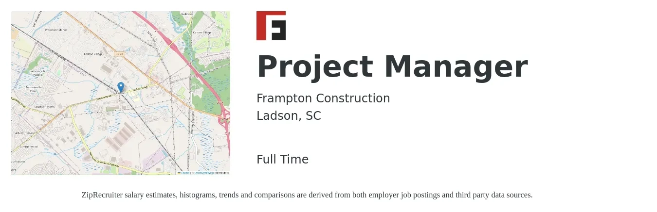 Frampton Construction job posting for a Project Manager in Ladson, SC with a salary of $76,700 to $120,200 Yearly with a map of Ladson location.