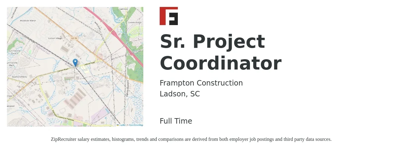 Frampton Construction job posting for a Sr. Project Coordinator in Ladson, SC with a salary of $51,300 to $91,300 Yearly with a map of Ladson location.