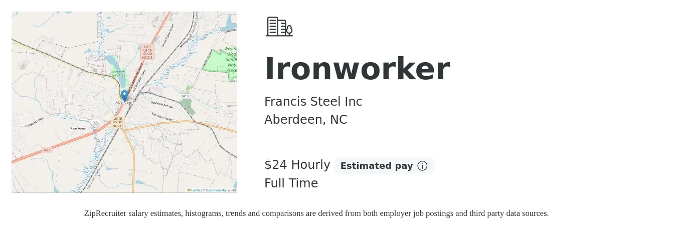 Francis Steel Inc job posting for a Ironworker in Aberdeen, NC with a salary of $25 Hourly with a map of Aberdeen location.