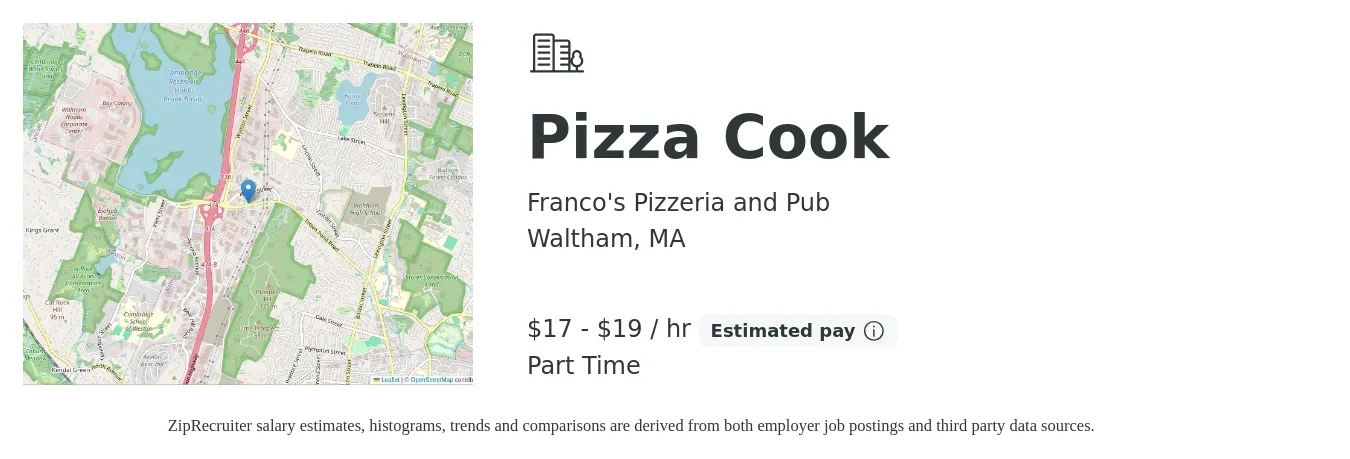 Franco's Pizzeria and Pub job posting for a Pizza Cook in Waltham, MA with a salary of $18 to $20 Hourly (plus commission) with a map of Waltham location.