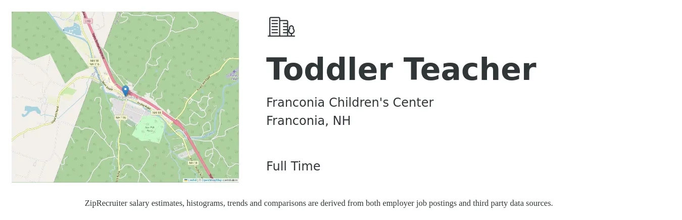 Franconia Children's Center job posting for a Toddler Teacher in Franconia, NH with a salary of $14 to $18 Hourly with a map of Franconia location.