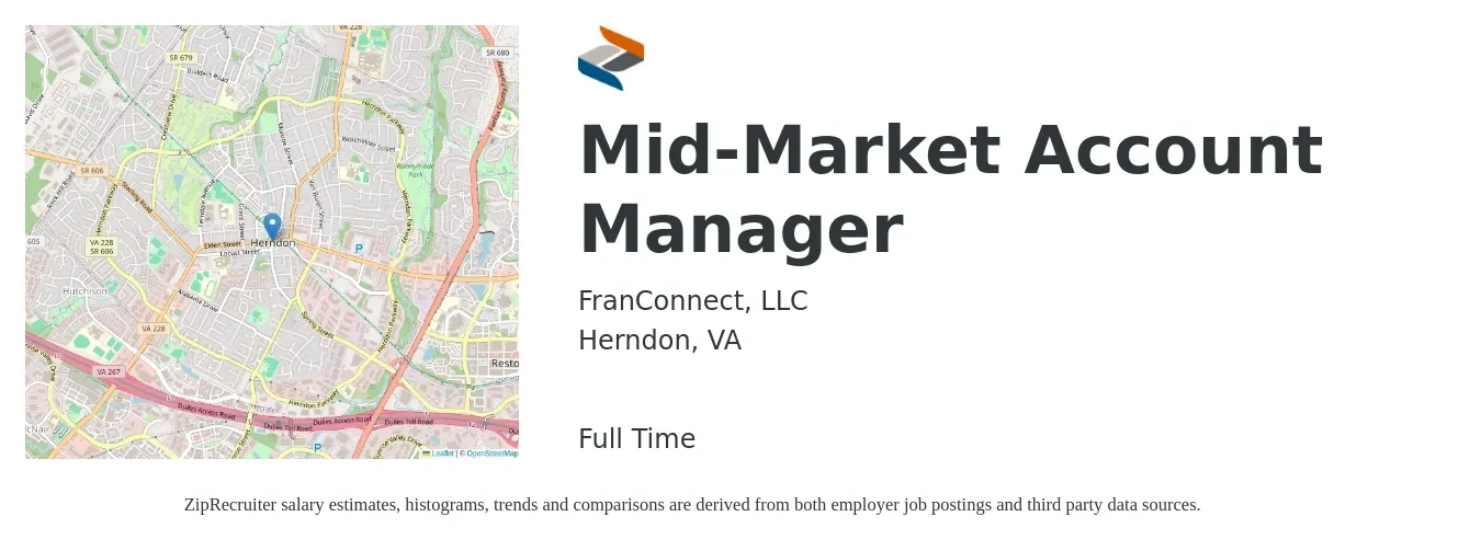 FranConnect, LLC job posting for a Mid-Market Account Manager in Herndon, VA with a salary of $49,400 to $80,700 Yearly with a map of Herndon location.