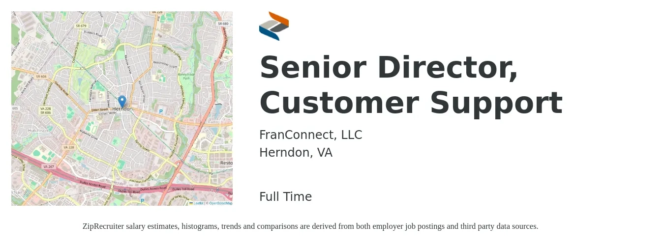 FranConnect, LLC job posting for a Senior Director, Customer Support in Herndon, VA with a salary of $77,100 to $160,400 Yearly with a map of Herndon location.