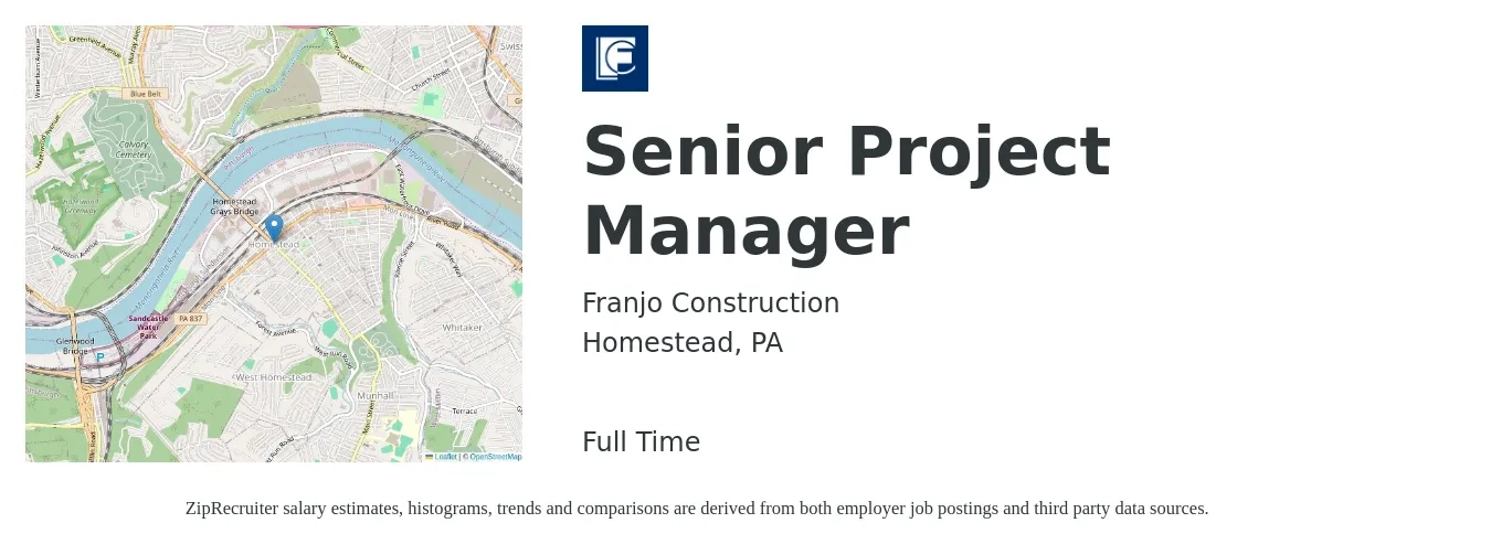Franjo Construction job posting for a Senior Project Manager in Homestead, PA with a salary of $94,000 to $132,600 Yearly with a map of Homestead location.