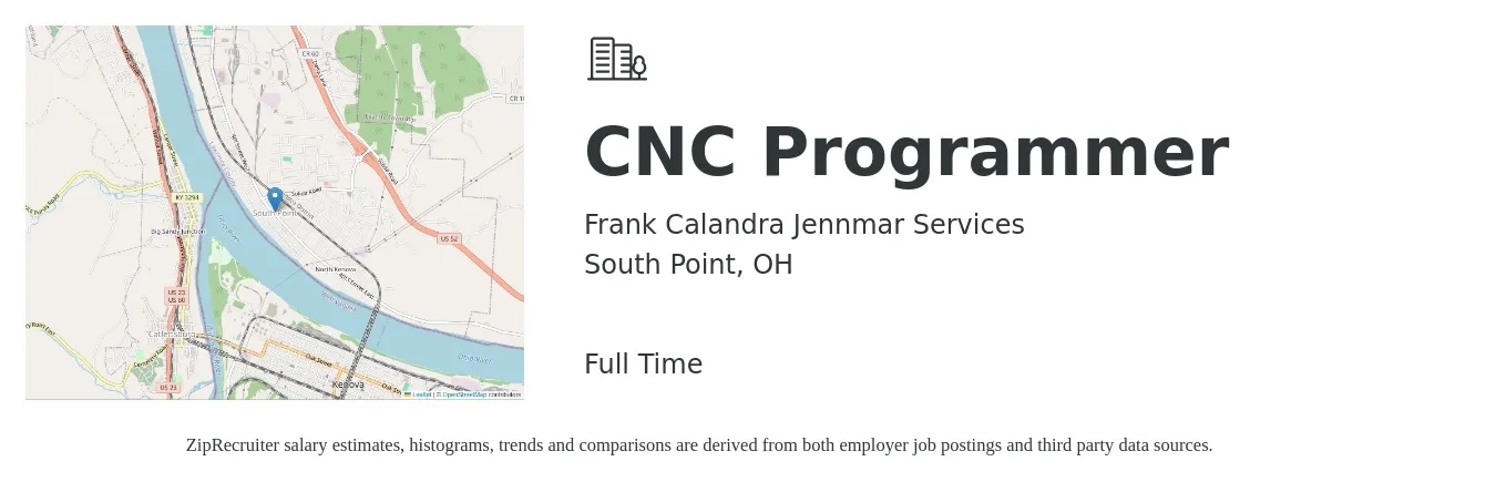 Frank Calandra Jennmar Services job posting for a CNC Programmer in South Point, OH with a salary of $22 to $30 Hourly with a map of South Point location.