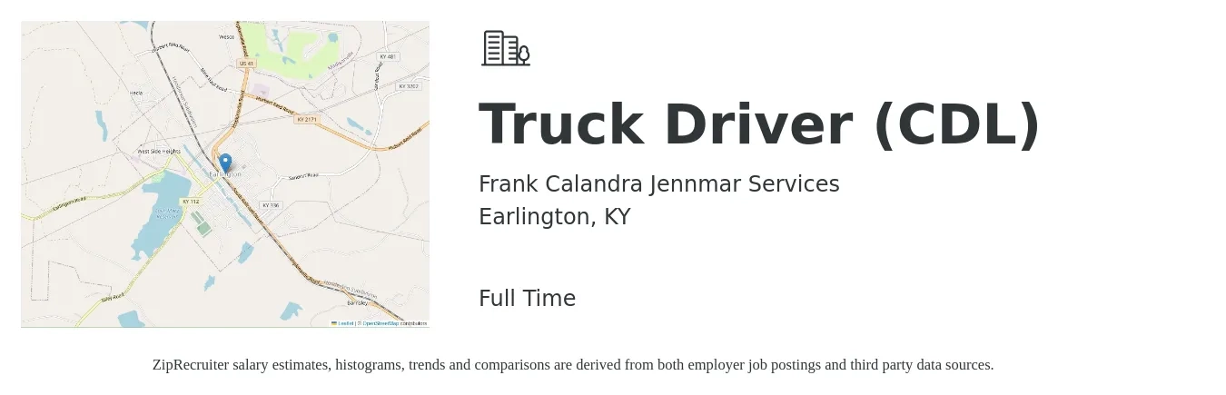 Frank Calandra Jennmar Services job posting for a Truck Driver (CDL) in Earlington, KY with a salary of $1,070 to $1,570 Weekly with a map of Earlington location.