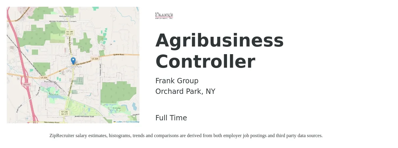 Frank Group job posting for a Agribusiness Controller in Orchard Park, NY with a salary of $94,600 to $135,100 Yearly with a map of Orchard Park location.