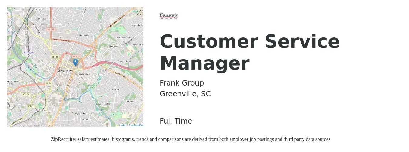 Frank Group job posting for a Customer Service Manager in Greenville, SC with a salary of $36,200 to $61,800 Yearly with a map of Greenville location.