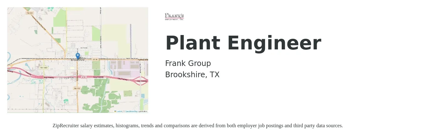 Frank Group job posting for a Plant Engineer in Brookshire, TX with a salary of $70,600 to $107,900 Yearly with a map of Brookshire location.