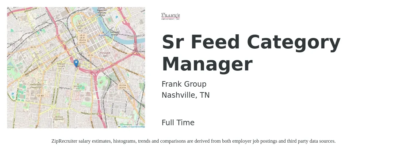 Frank Group job posting for a Sr Feed Category Manager in Nashville, TN with a salary of $102,900 to $133,800 Yearly with a map of Nashville location.