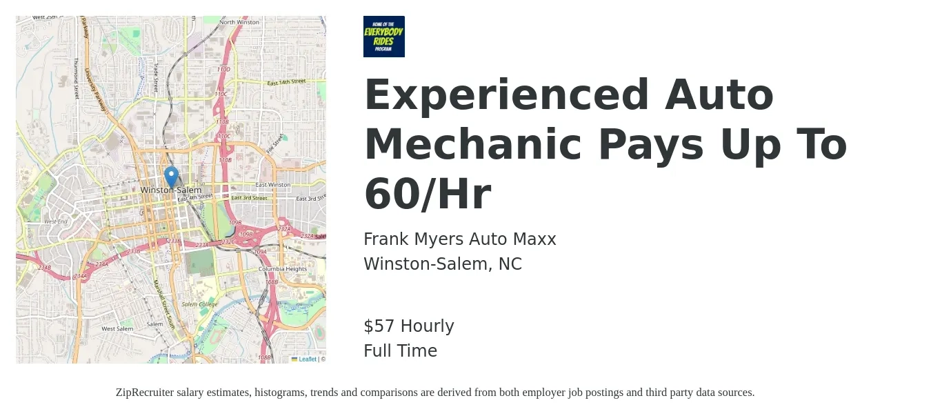 Frank Myers Auto Maxx job posting for a Experienced Auto Mechanic Pays Up To 60/Hr in Winston-Salem, NC with a salary of $60 Hourly with a map of Winston-Salem location.