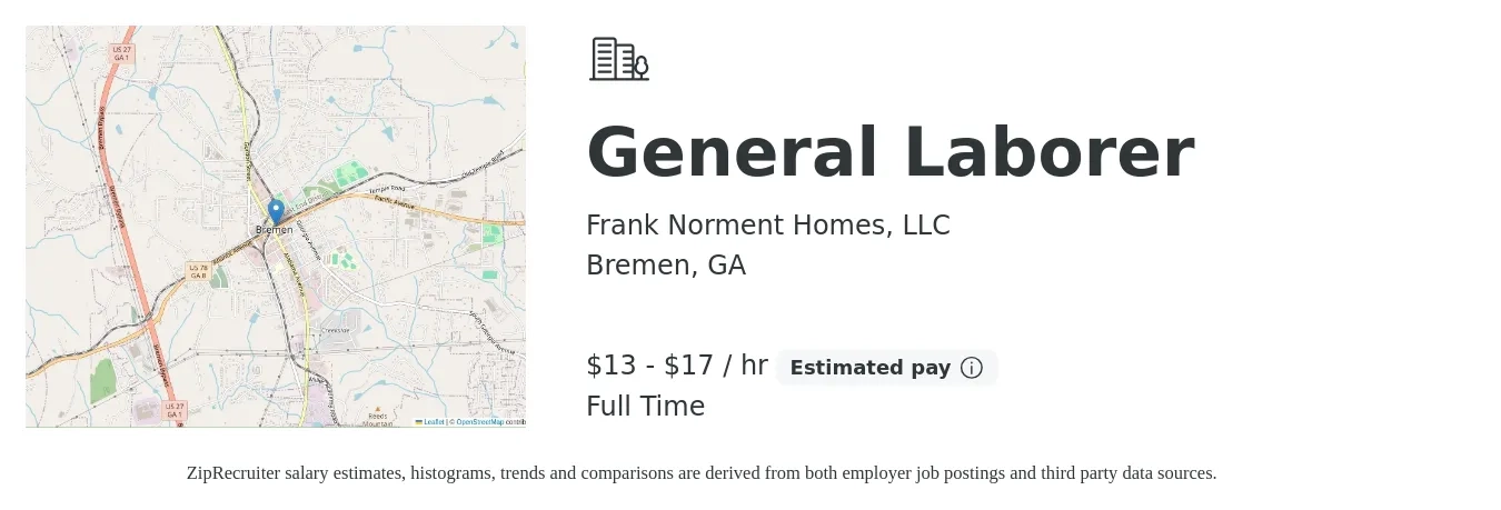 Frank Norment Homes, LLC job posting for a General Laborer in Bremen, GA with a salary of $14 to $18 Hourly with a map of Bremen location.